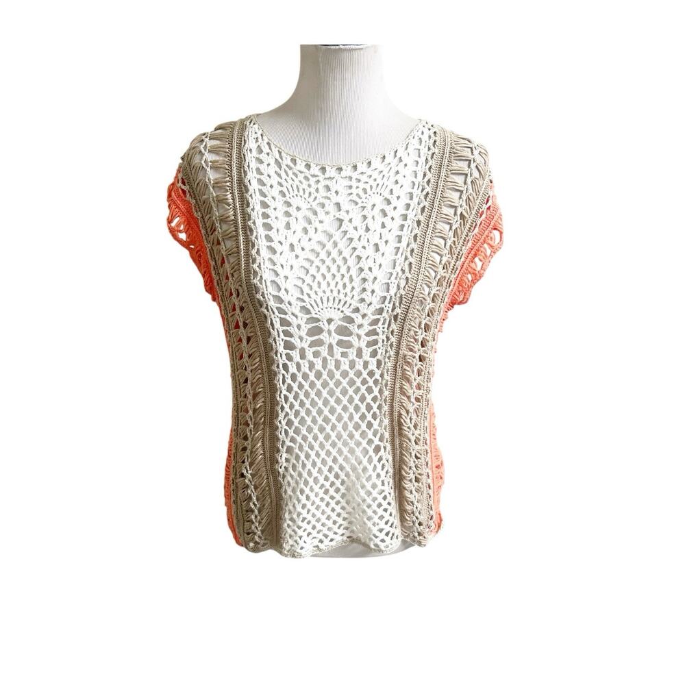 Chico’s Women Gloria Crochet Blouse Size 1/Medium Colorblock Open Knit Elevated